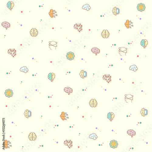 Vector pattern on the theme of brain, memory, mind, light bulb, brainstorming, human brain, psychology, thinking and more. simple color icons on beige background.