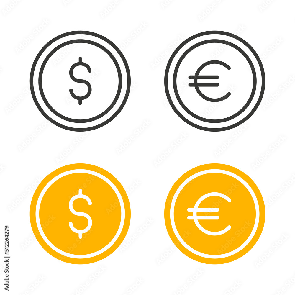 Obraz premium Dollar and Euro Coins icon set. Vector isolated line money illustration
