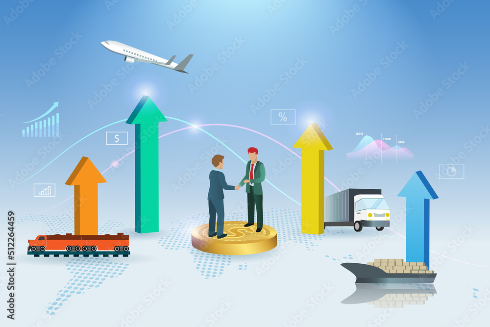 Fototapeta premium Businessmen handshake on growth graph of global logistics transportation on supply chain network connecting. Business partnership collaboration on high demand in shipping cargo import export .