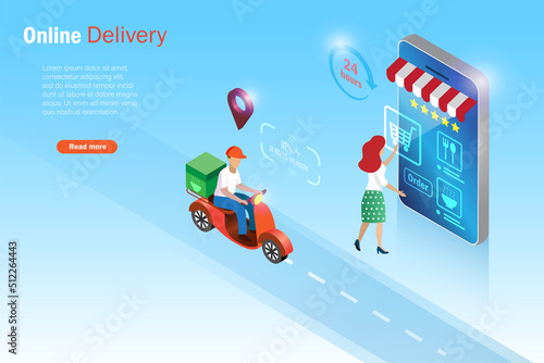 Online delivery service. Woman online shopping on smartphone with delivery man on scooter express deliver shipment. Innovation technology, online shopping and order delivery concept. photo