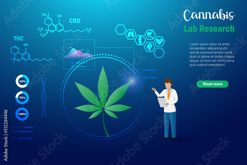 Scientist in laboratory analysing and research on cannabis, marijuana leaves with THC and CBD molecule. Alternative medicine in organic herbal weed for patient health and relaxation.