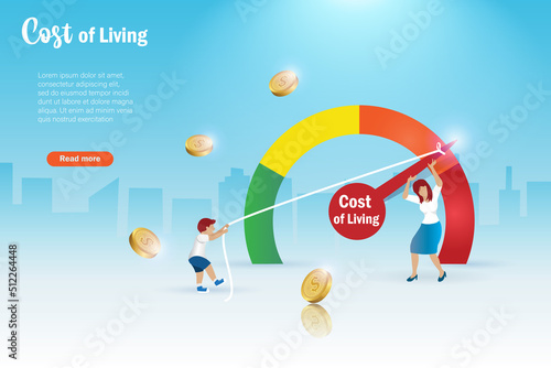 High cost of living, economic crisis and inflation. Mother and kid pull rope to reduce and save cost of living scale. Hight foods cost and grocery expensive price impact to people in spending money.