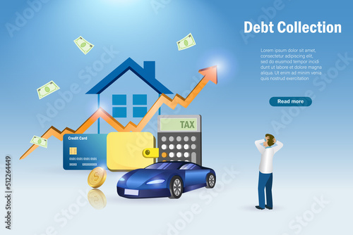 Debt collection, debt stress. Frustrated businessman manage financial bills expenses with fixed income. Money spending, cost of living, financial problem and crisis.