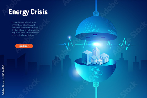 Energy crisis. City buildings in light bulb globe with ECG EKG medical line to save world health. World environment day, sustainable environment, earth day,  save energy save planet and earth hour