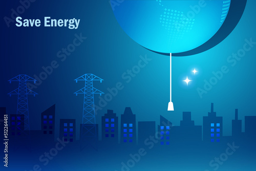 Earth hour, save energy concept. Lightbulb globe with switch rope in electricity pole station and city background. World environment day, earth day and energy crisis concept.
