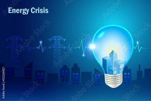 Energy crisis. City buildings in light bulb with medical line to save world health. World environment day, sustainable environment, earth day,  save energy save planet and earth hour concept.