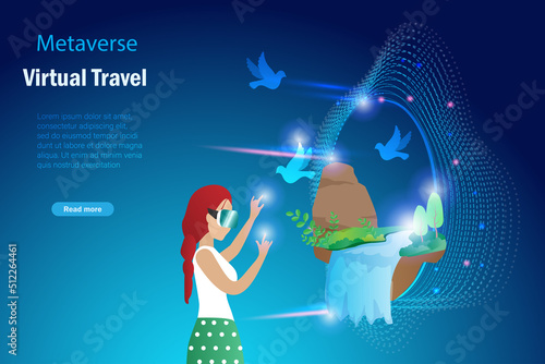 Metaverse travel, virtual augmented travel technology in nature on cyber space futuristic environment. Woman experience computer generated journey trip waterfall 3D interface in metaverse platform.