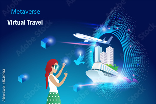 Metaverse travel, virtual trip  technology, augmented reality in cyber space futuristic environment background. Woman experience interface 3D journey simulation travel by airplane and luxury cruise.