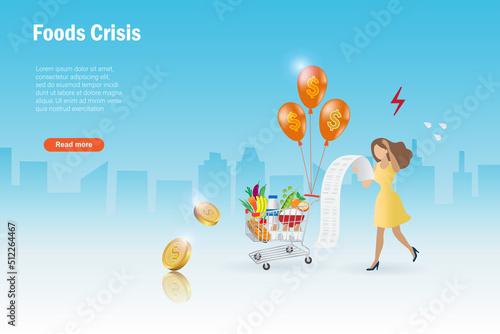 High cost of living, economic crisis and inflation. Woman hold grocery bill with expensive price. Rising foods cost impact to people cost of living in spending money.