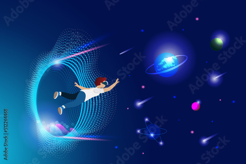 Metaverse gaming. Teenager experience 3D virtual reality game in metaverse universe futuristic environment. Visualisation and simulation game technology concept.