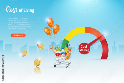 High cost of living, economic crisis and inflation. Shopping cart with inflation balloon. Rising foods cost and grocery expensive price impact to people in spending money. photo