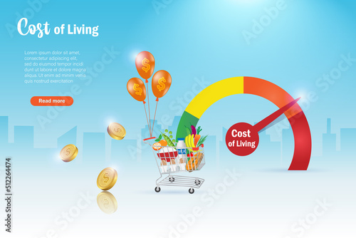 High cost of living, economic crisis and inflation. Shopping cart with inflation balloon. Rising foods cost and grocery expensive price impact to people in spending money.
