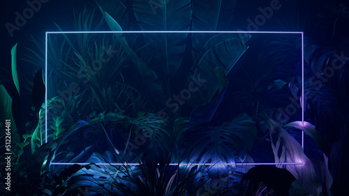 Cyberpunk Background Design. Tropical Plants with Green and Purple, Rectangle shaped Neon Frame.
