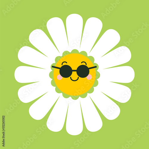 Camomile, daisy flower character wearing glasses. illustration for nature design. Vector collection cute cartoon style icon. 