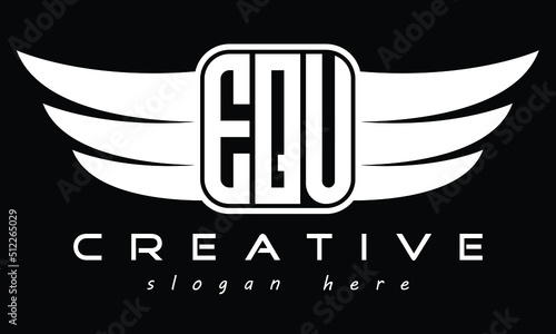 EQU Three letter Wing minimal typography font Monogram emblems flying logo Design. Vector template