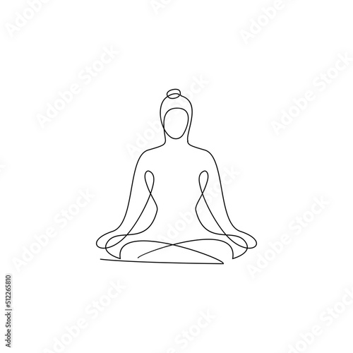 Continuous one line drawing. Woman sitting yoga pose cross legged meditating. Vector illustration