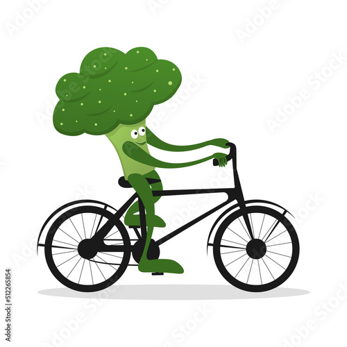 cute green broccoli biker cartoon character. cabbage on bike or scooter. vector illustration