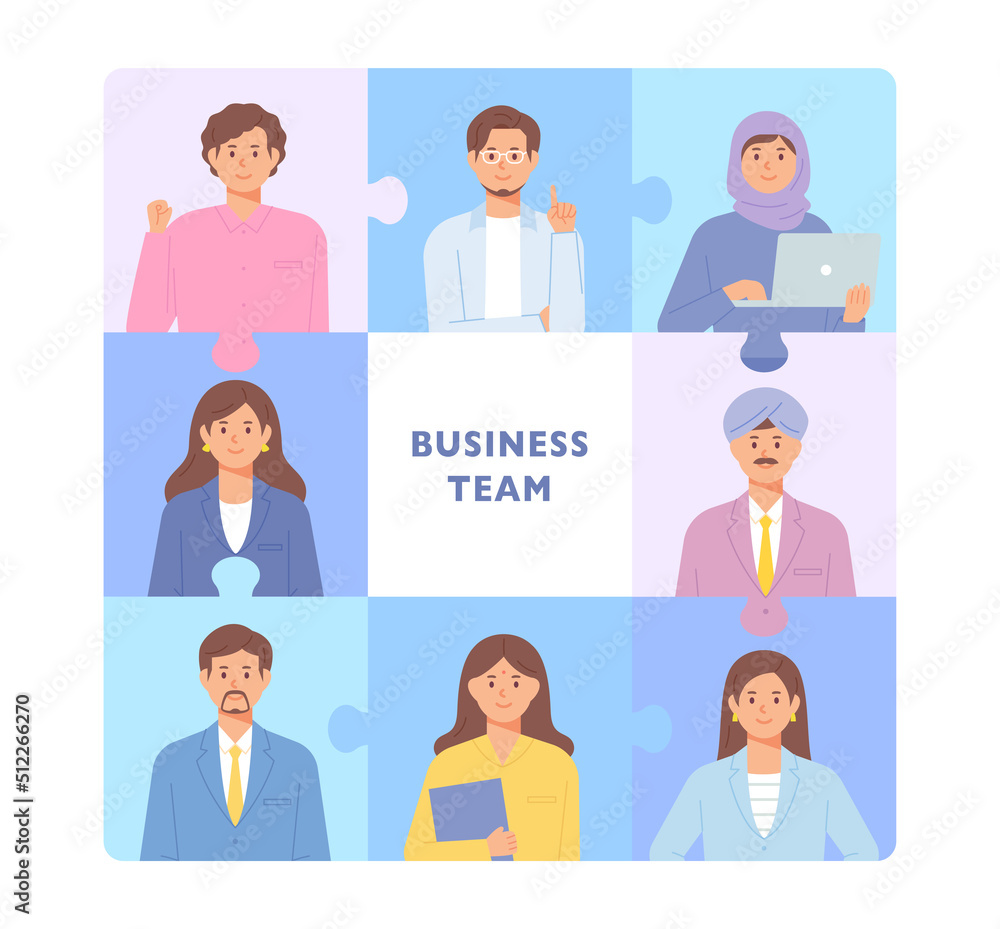Puzzle layout concept banner. The faces of business team members are placed in each section. flat design style vector illustration. Puzzle layout concept banner. The faces of business team members are placed in each section. flat design style vector illustration.