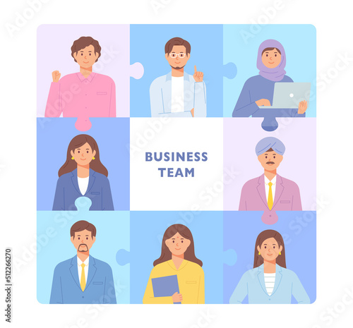 Puzzle layout concept banner. The faces of business team members are placed in each section. flat design style vector illustration.