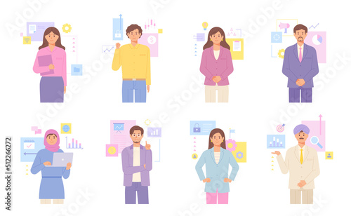 Various Asian business characters. Graph data are decorated around them. flat design style vector illustration.