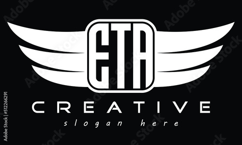 ETA Three letter Wing minimal typography font Monogram emblems flying logo Design. Vector template
