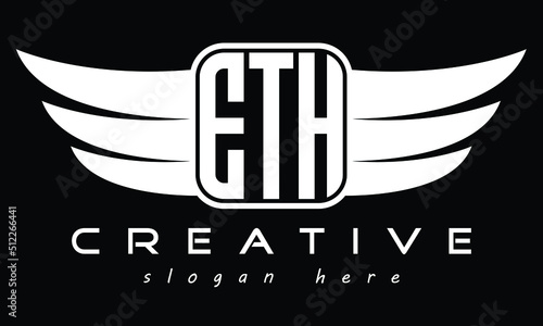 ETH Three letter Wing minimal typography font Monogram emblems flying logo Design. Vector template