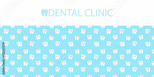 Teeth Background. Dental clinic horizontal texture with copy space, poster or banner template, flyer or groupon with seamless border, happy character pattern, vector medical illustration