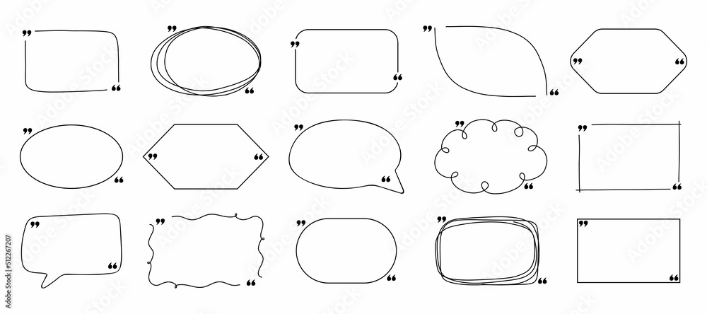 Quote frame set. Hand drawn black geometric box collection with double comma sign, bubble speech and quotation place. Blank template for comment or message, creative banner vector isolated set Quote frame set. Hand drawn black geometric box collection with double comma sign, bubble speech and quotation place. Blank template for comment or message, creative banner vector isolated set