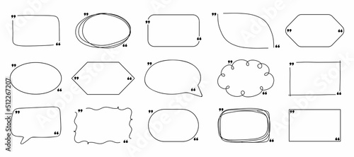 Quote frame set. Hand drawn black geometric box collection with double comma sign, bubble speech and quotation place. Blank template for comment or message, creative banner vector isolated set