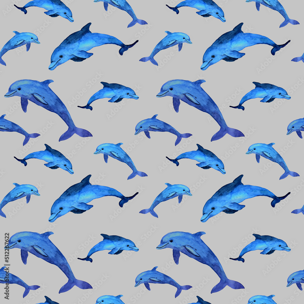 Seamless watercolor pattern of dolphins on gray field. Ocean animal family background. Animal in cartoon style. Design for covers, backgrounds, decorations, stickers, labels. Seamless watercolor pattern of dolphins on gray field. Ocean animal family background. Animal in cartoon style. Design for covers, backgrounds, decorations, stickers, labels.