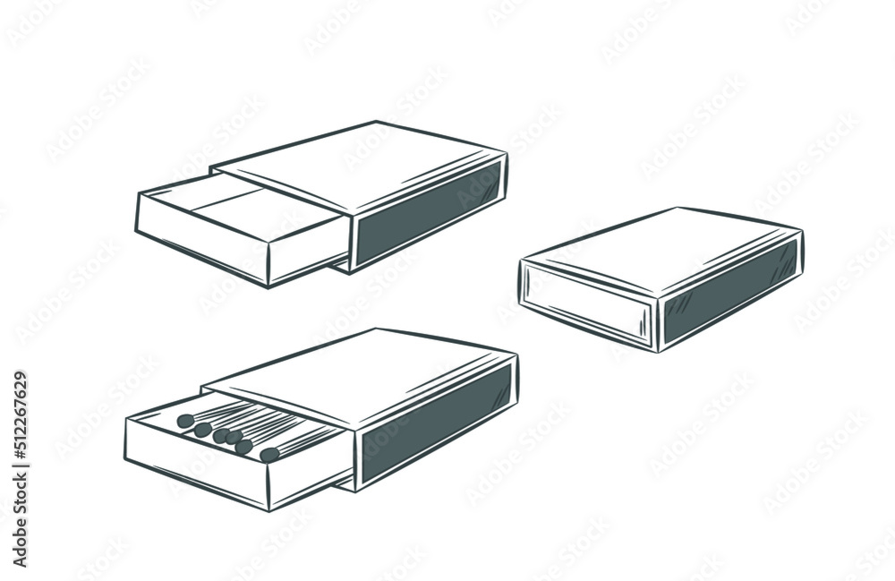 A set of cardboard matchboxes. Doodle sketch style. A simple drawing of a box with a gray box. Isolated vector illustration. A set of cardboard matchboxes. Doodle sketch style. A simple drawing of a box with a gray box. Isolated vector illustration.
