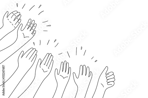 Applause hands set on doodle style. Human hands sketch, scribble arms wave clapping on white background, thumb up gesture silhouette, vector illustration