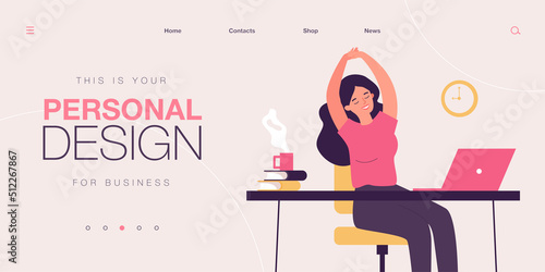 Happy young woman relaxing at workplace in office. Female employee sitting at desk with laptop and stretching during coffee break. Remote work, rest, job concept