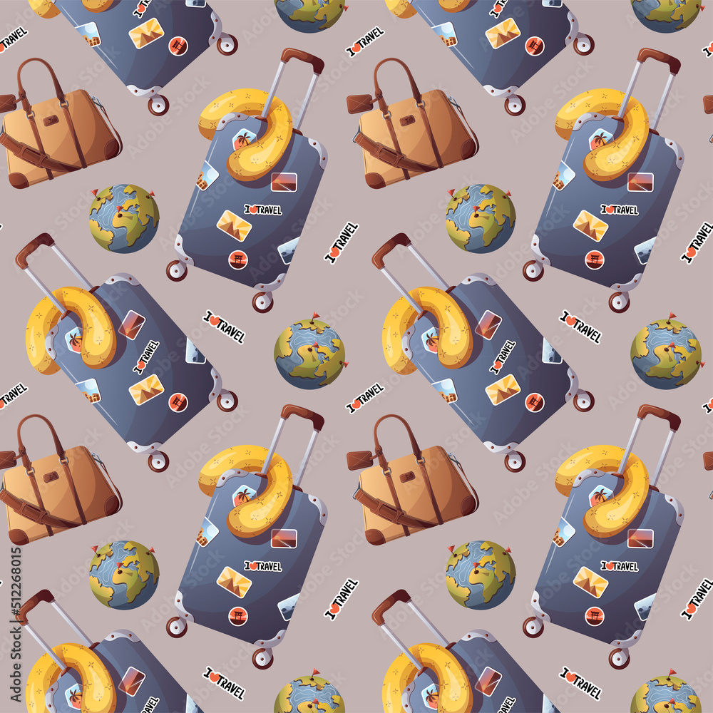 Seamless pattern with suitcase, travel bag, globe. Tourism, adventure, journey concept.Vector illustration. Seamless pattern with suitcase, travel bag, globe. Tourism, adventure, journey concept.Vector illustration.