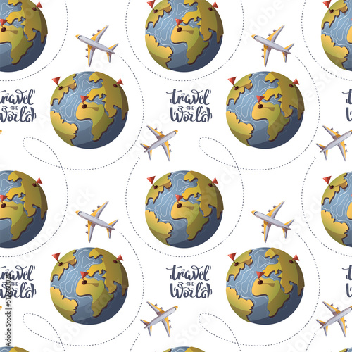 Seamless pattern with globe and plane. Travel, tourism, adventure, journey concept. Perfect for product design, wallpaper, scrapbooking, textile, wrapping paper.
