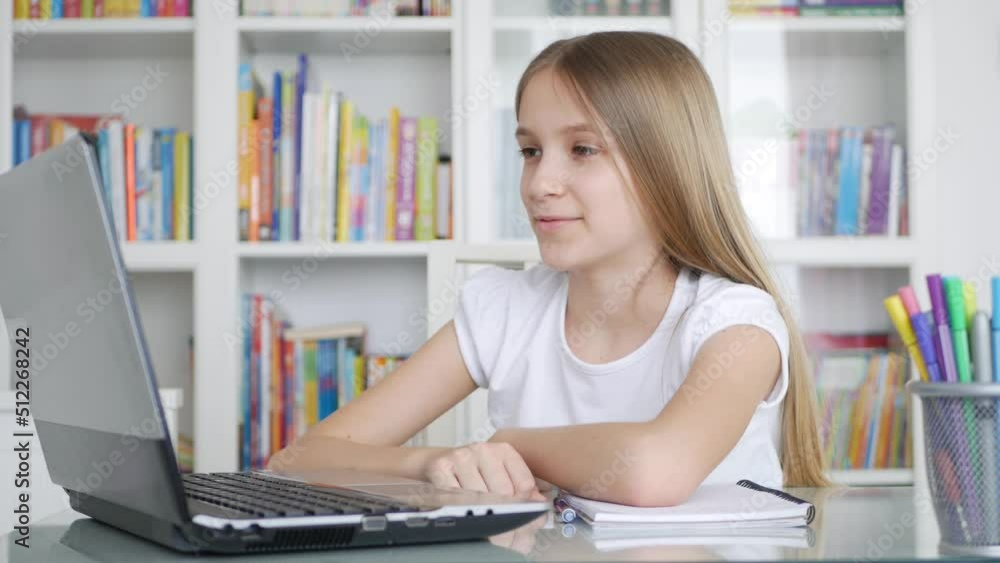 Kid Using Laptop Studying, Learning in Video Conferencing, Child Writing Schoolgirl Chatting Teacher from Home, Online Education Kid Using Laptop Studying, Learning in Video Conferencing, Child Writing Schoolgirl Chatting Teacher from Home, Online Education