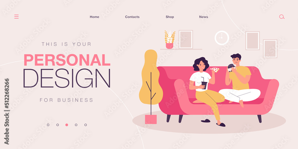 Man and woman eating junk food at home. Young couple sitting on couch and enjoying tasty pizza, burger. Flat vector illustration. Fast food, relationship concept for banner, website, landing page