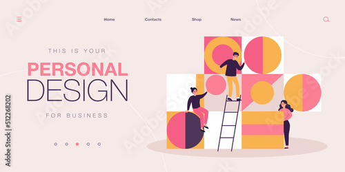 Team of young people arranging abstract geometric figures. Flat vector illustration. Cartoon people characters holding together triangle, round, square shapes. Business, teamwork, organization concept