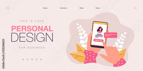 Girl deleting her social network account and information from website. Female hands holding smartphone, online problem vector illustration. Modern technology, social media, Internet addiction concept