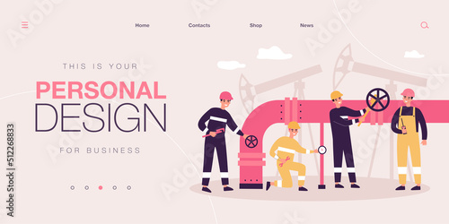 Cartoon workers characters with pipeline transporting oil or gas. Flat vector illustration. Men in uniform controlling pipe execution, preventing from leaks, erosion. Oil industry, engineering concept