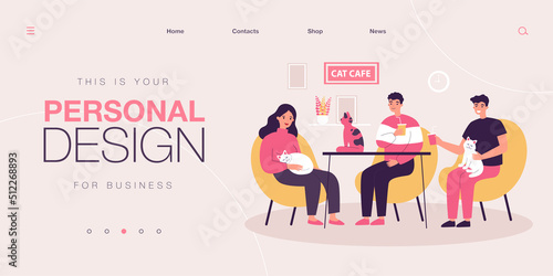 Cartoon people at cat cafe flat vector illustration. Scene with happy young couple and guy sitting at table, drinking lemonade, watching and fondling cute couching pets. Animal friendly, pets concept