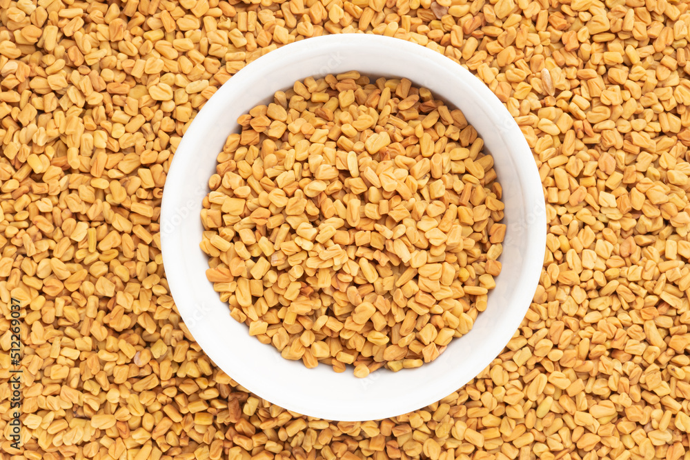 Fenugreek (Trigonella foenum-graecum) in ceramic bowl on background from fenugreek. Macro. Vegetarian food concept Fenugreek (Trigonella foenum-graecum) in ceramic bowl on background from fenugreek. Macro. Vegetarian food concept