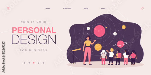 Teacher with kids in planetarium. Woman telling children about planets, stars, and solar system flat vector illustration. Astronomy, school trip concept for banner, website design or landing web page