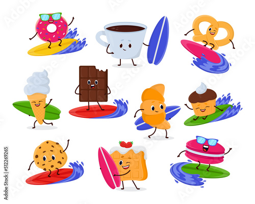 Cute desserts characters on surfboard cartoon illustration set. Funny sweet cake, croissant, donut in sunglasses cupcake and ice cream surfing in ocean. Food, water sport, summer concept
