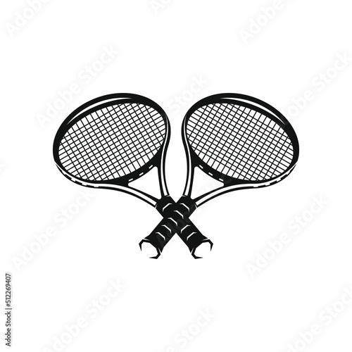Vector isolated illustration of monochrome crossed tennis rackets on a white background