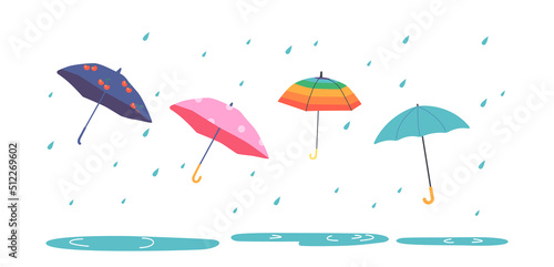 Set of Different Umbrellas under Rain Drops. Cute Colorful Kids Parasols in Various Positions. Open Umbrellas