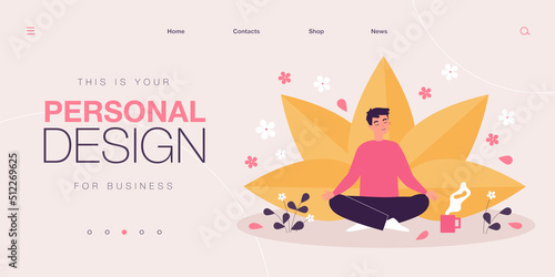 Young man with cup of tea meditating among plants and flowers. Colorful vector flat illustration. Healthy lifestyle, holistic mental therapy, wellness and self care concept