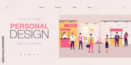Businessmen talking to visitors at business exhibition. People at expo center showing products flat vector illustration. Marketing, presentation concept for banner, website design or landing web page