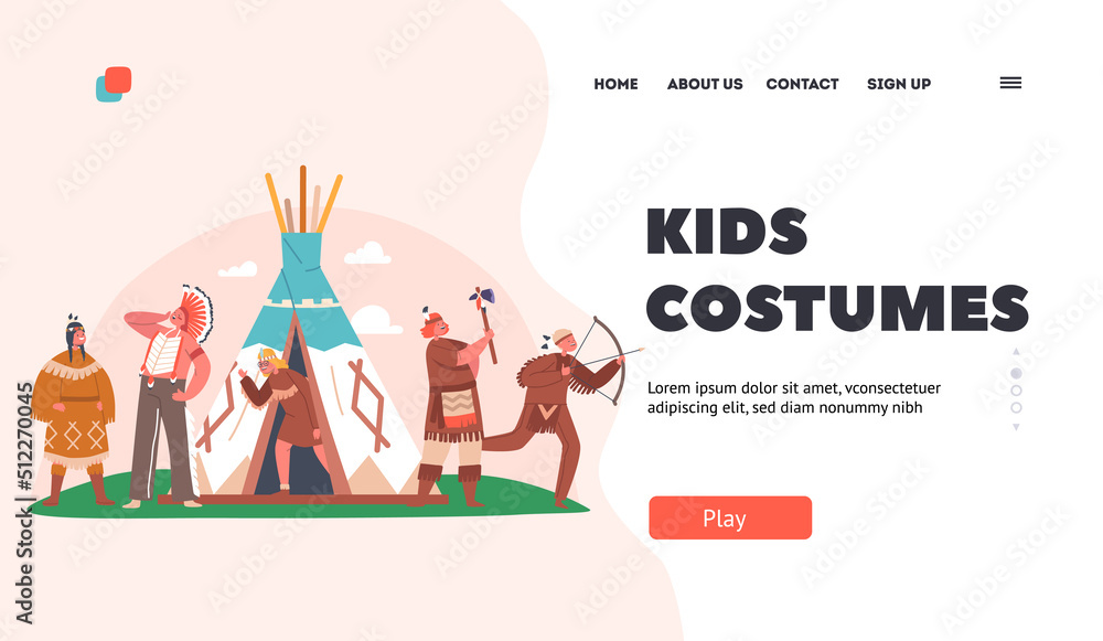 Fototapeta premium Kids Costumes Landing Page Template. Kids Playing American Indians. Funny Boys and Girls Wearing Native Indian Suits