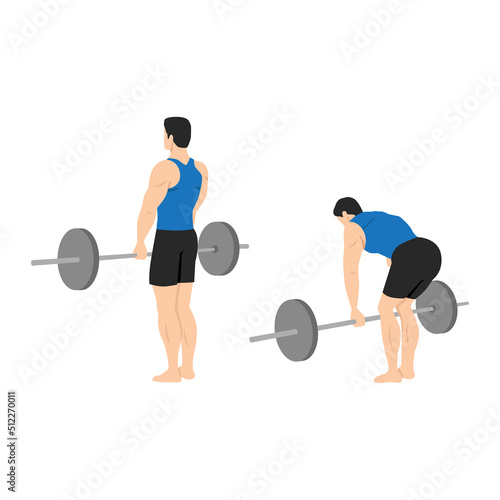Man doing barbell stiff leg deadlift exercise. Flat vector illustration isolated on white background